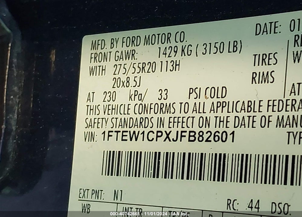 2018 FORD F-150 XL VIN: 1FTEW1CPXJFB82601