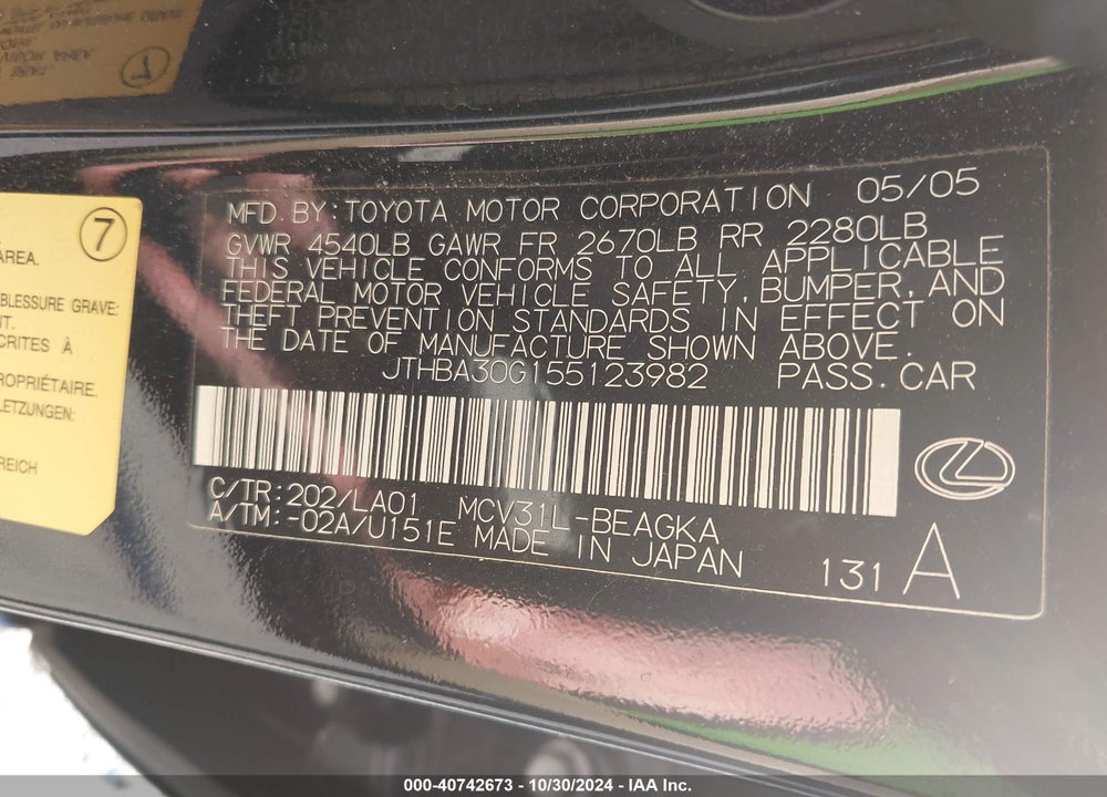 2005 LEXUS ES 330 VIN: JTHBA30G155123982