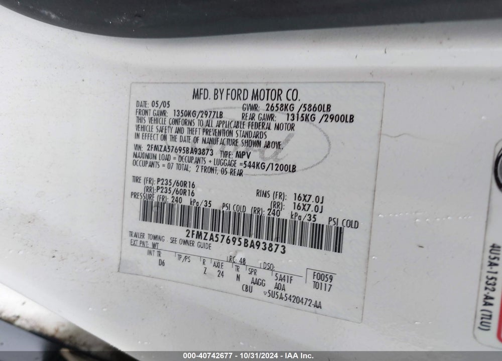 2005 FORD FREESTAR SES VIN: 2FMZA57695BA93873