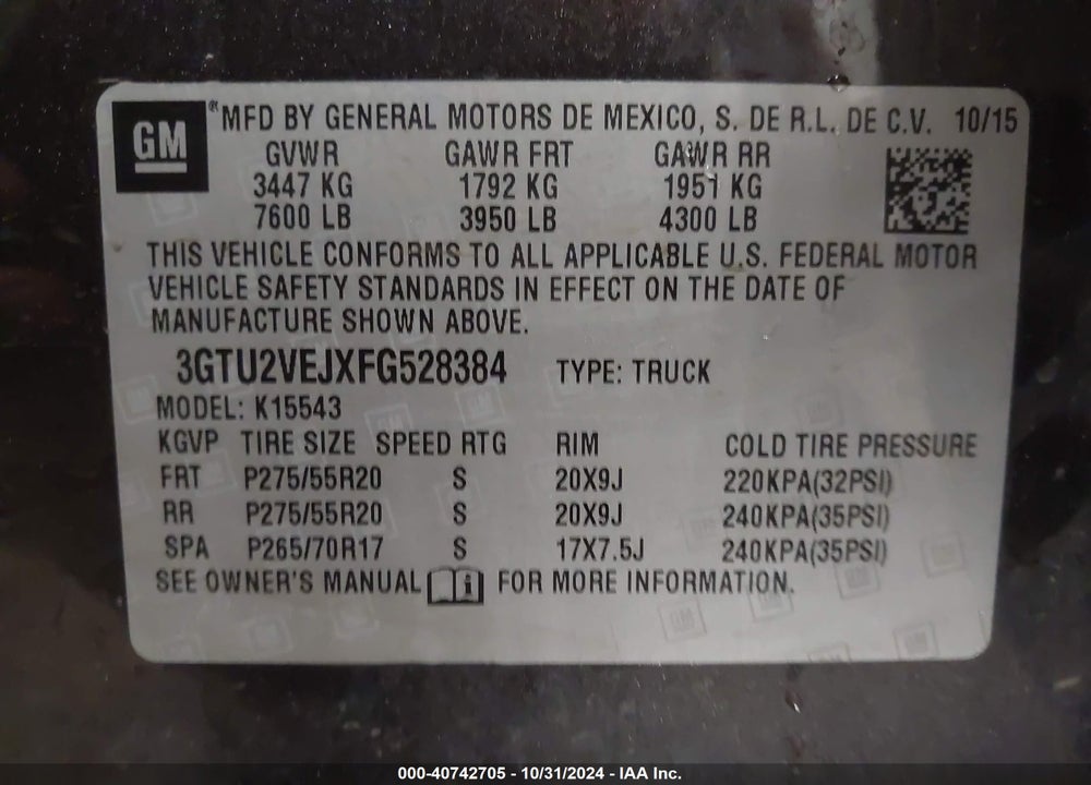 2015 GMC SIERRA 1500 SLT VIN: 3GTU2VEJXFG528384