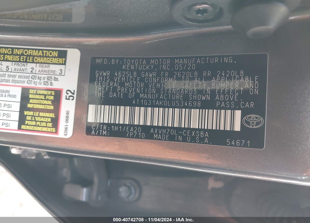 2020 TOYOTA CAMRY SE HYBRID VIN: 4T1G31AK0LU534698
