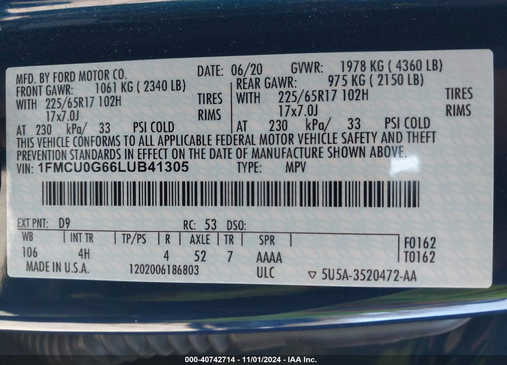2020 FORD ESCAPE SE VIN: 1FMCU0G66LUB41305