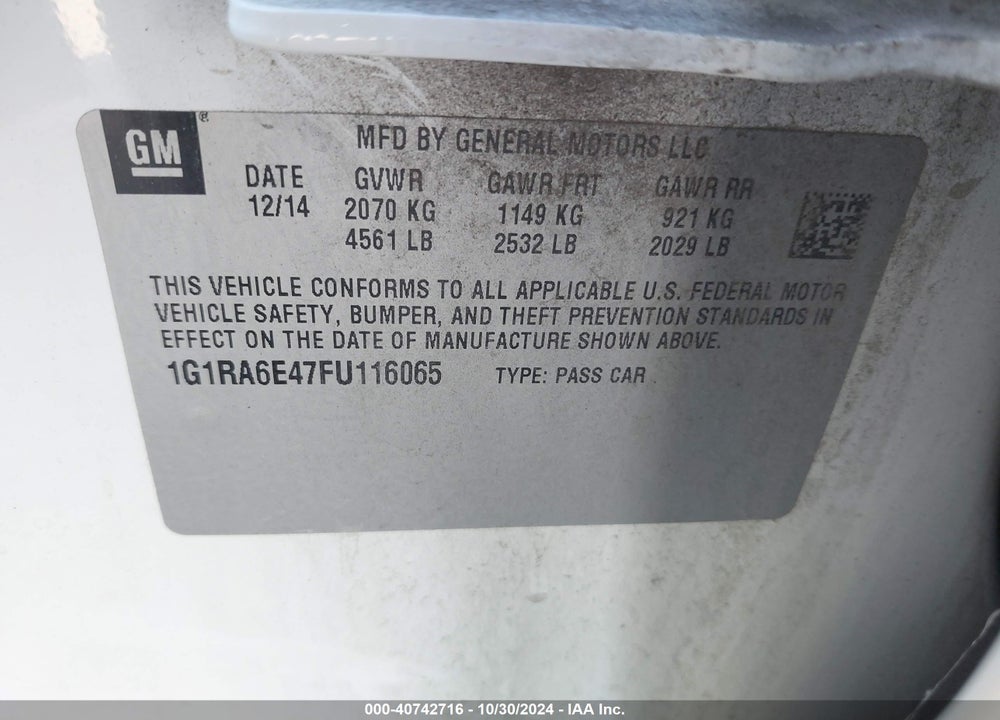 2015 CHEVROLET VOLT VIN: 1G1RA6E47FU116065