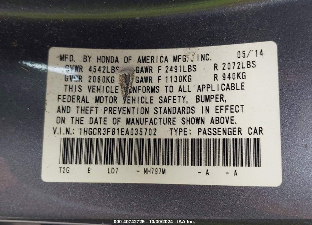 2014 HONDA ACCORD EX-L V-6 VIN: 1HGCR3F81EA035702