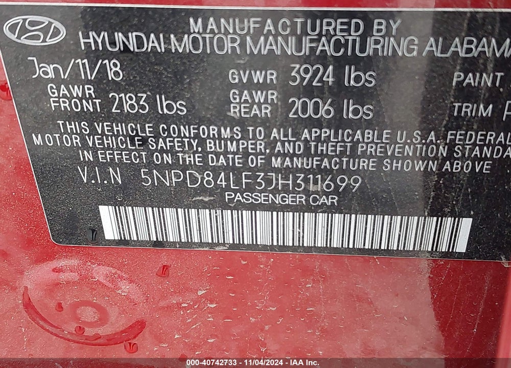 2018 HYUNDAI ELANTRA SEL VIN: 5NPD84LF3JH311699