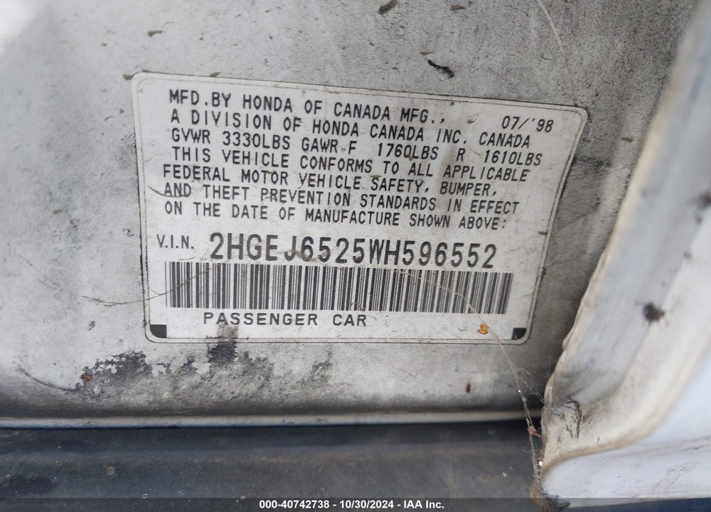 1998 HONDA CIVIC DX VIN: 2HGEJ6525WH596552