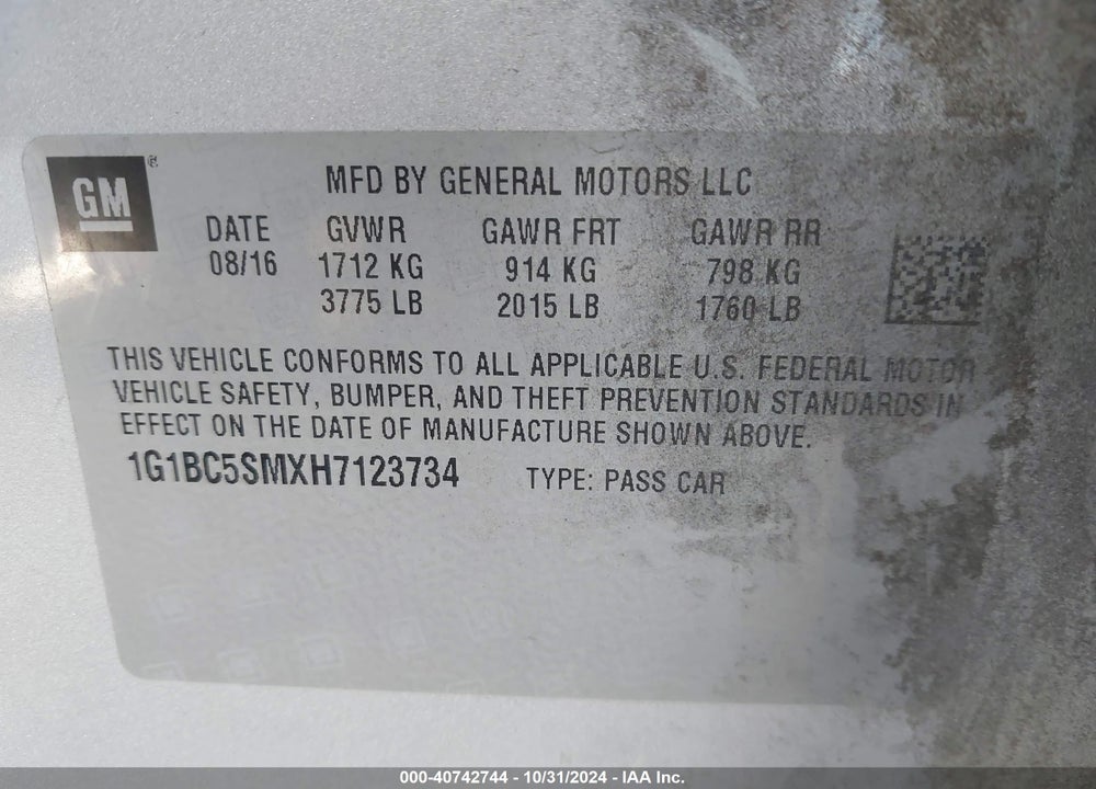 2017 CHEVROLET CRUZE LS AUTO VIN: 1G1BC5SMXH7123734