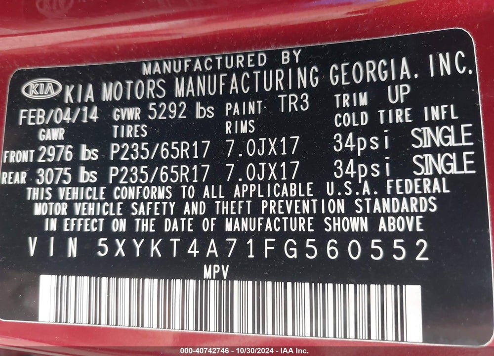2015 KIA SORENTO LX V6 VIN: 5XYKT4A71FG560552