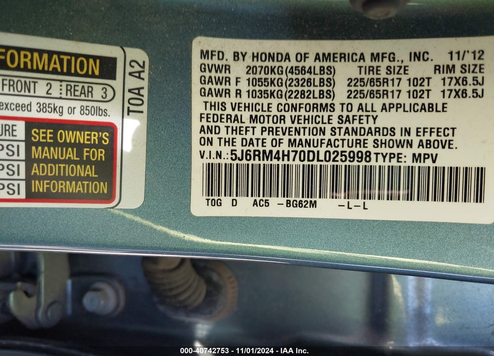 2013 HONDA CR-V EX-L VIN: 5J6RM4H70DL025998