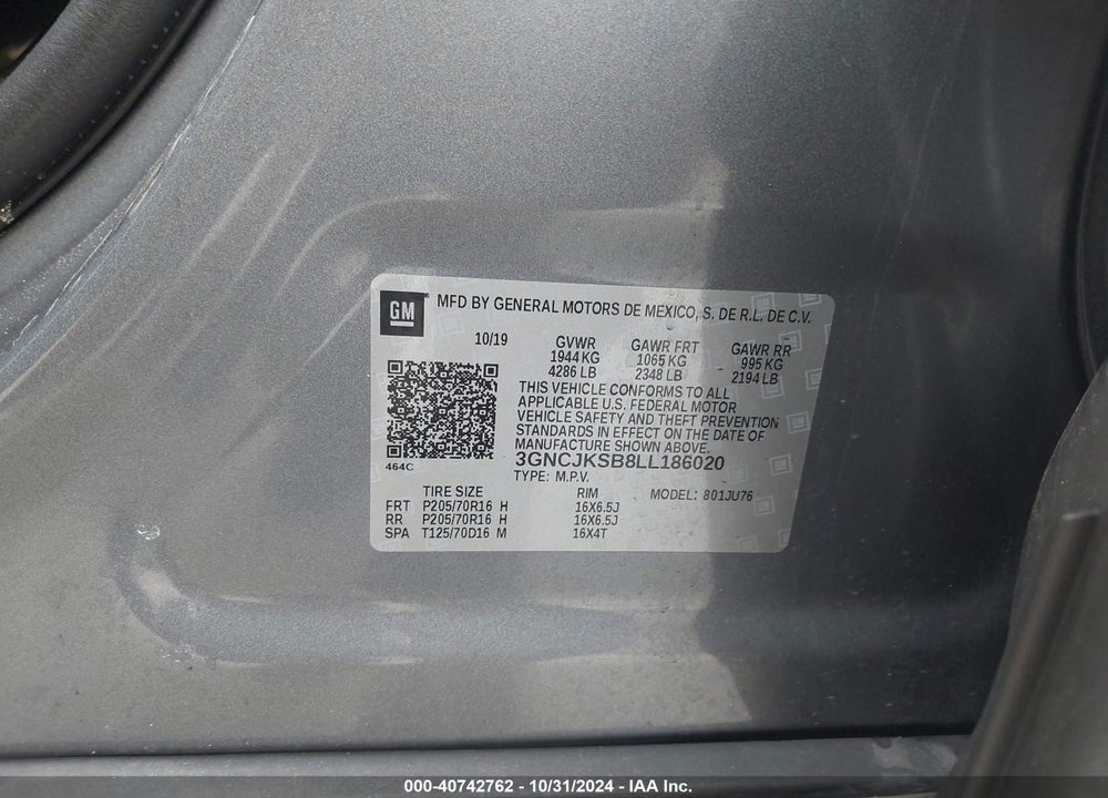 2020 CHEVROLET TRAX FWD LS VIN: 3GNCJKSB8LL186020