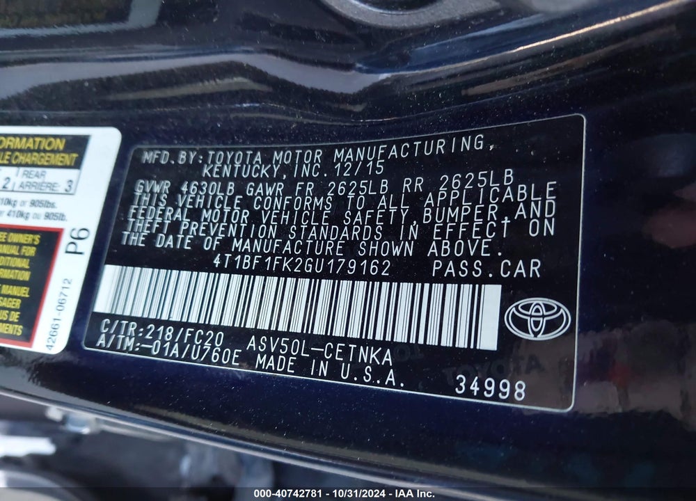 2016 TOYOTA CAMRY LE VIN: 4T1BF1FK2GU179162