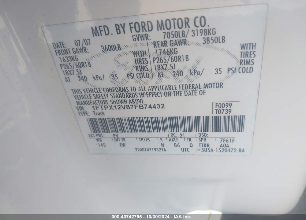 2007 FORD F-150 LARIAT/STX/XL/XLT VIN: 1FTPX12V87FB74432