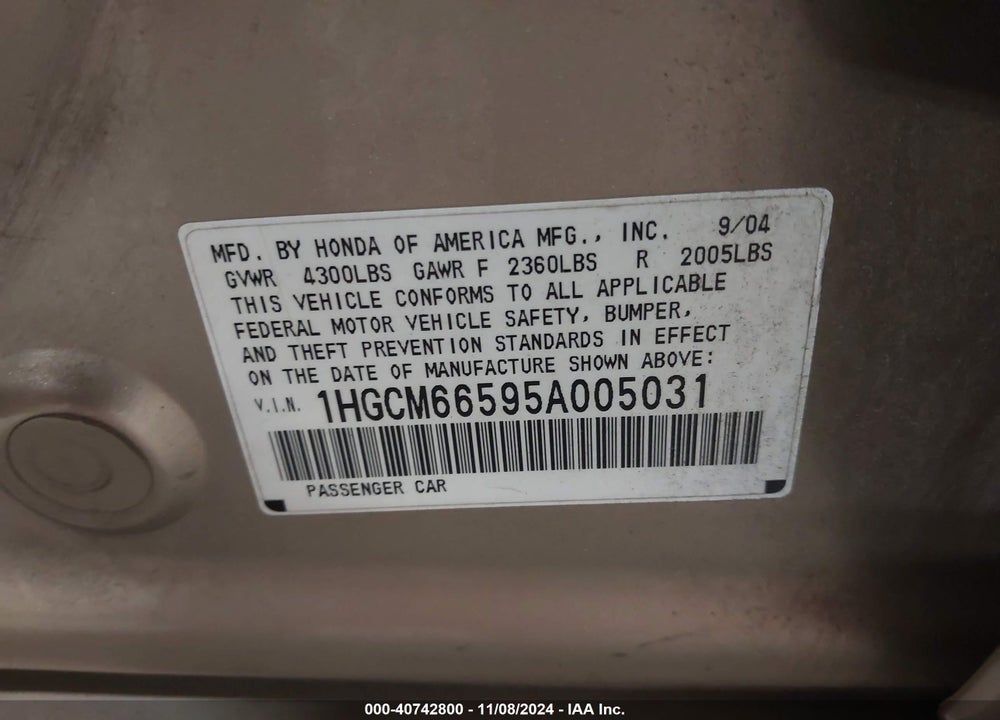2005 HONDA ACCORD 3.0 EX VIN: 1HGCM66595A005031