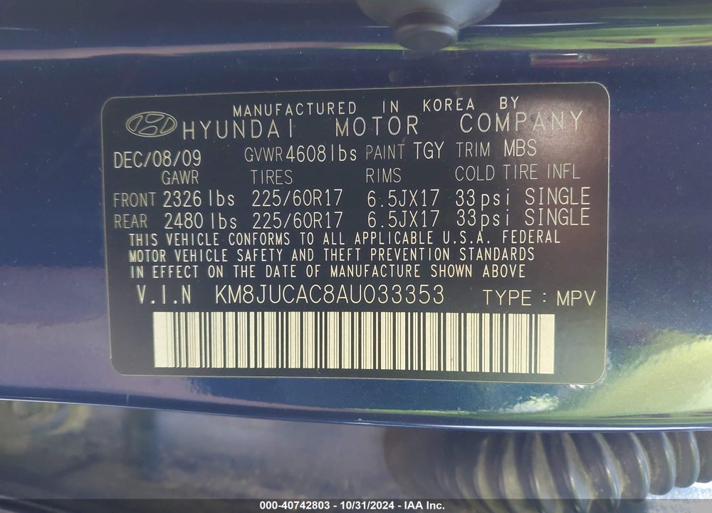 2010 HYUNDAI TUCSON GLS/LIMITED VIN: KM8JUCAC8AU033353
