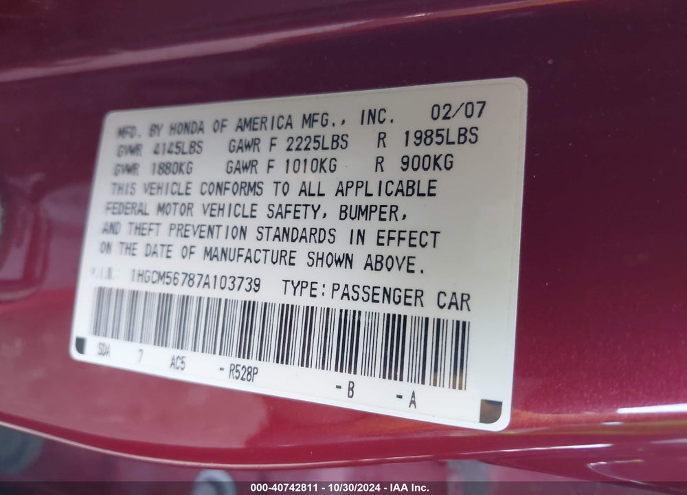 2007 HONDA ACCORD 2.4 EX VIN: 1HGCM56787A103739