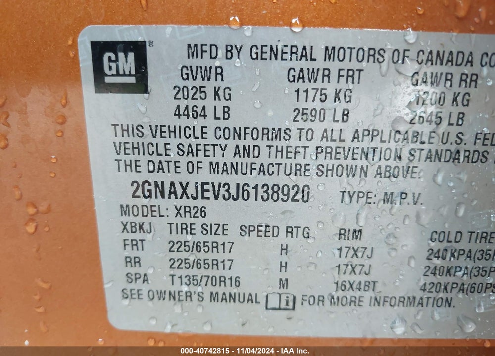 2018 CHEVROLET EQUINOX LT VIN: 2GNAXJEV3J6138920