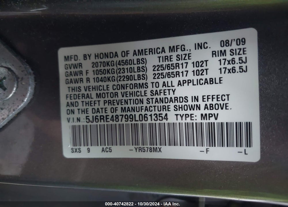 2009 HONDA CR-V EX-L VIN: 5J6RE48799L061354