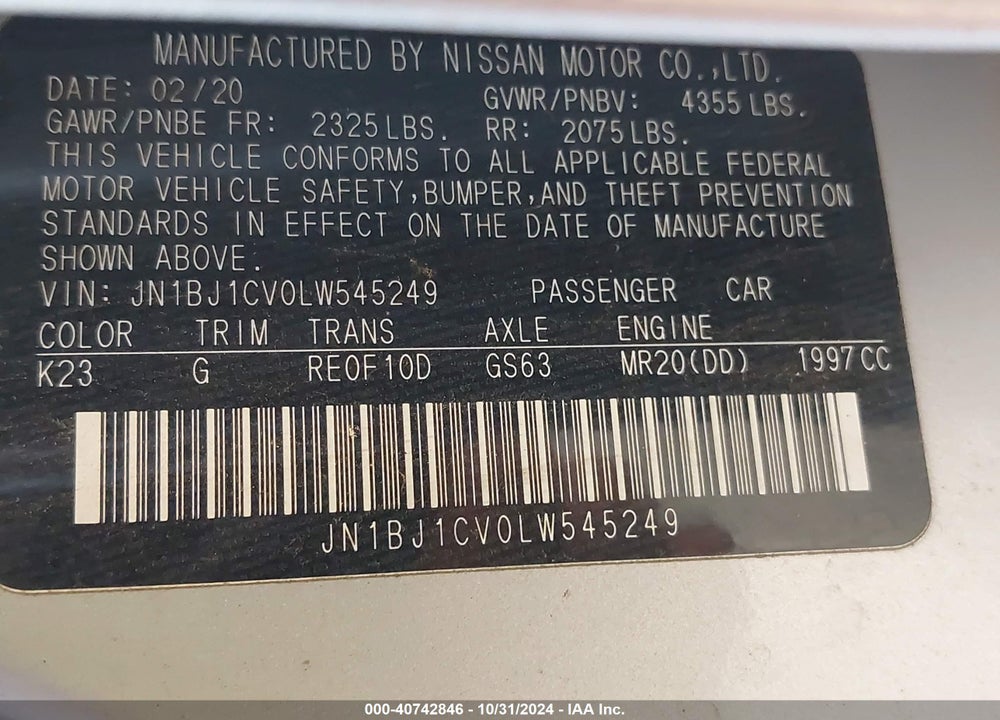 2020 NISSAN ROGUE SPORT S FWD XTRONIC CVT VIN: JN1BJ1CV0LW545249
