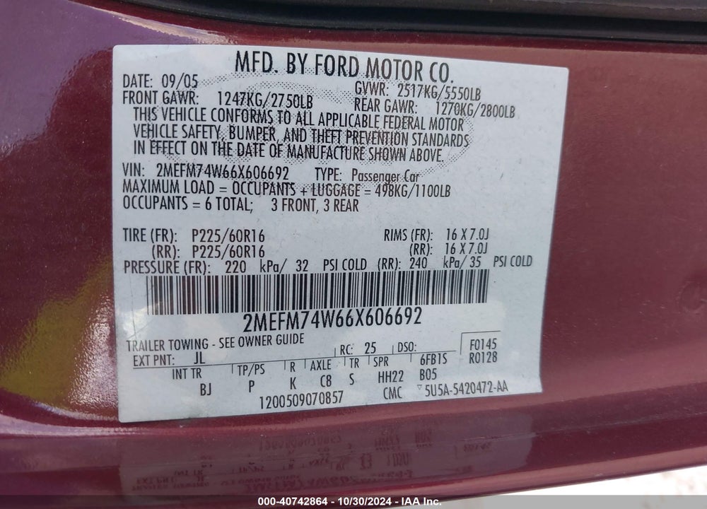 2006 MERCURY GRAND MARQUIS GS VIN: 2MEFM74W66X606692