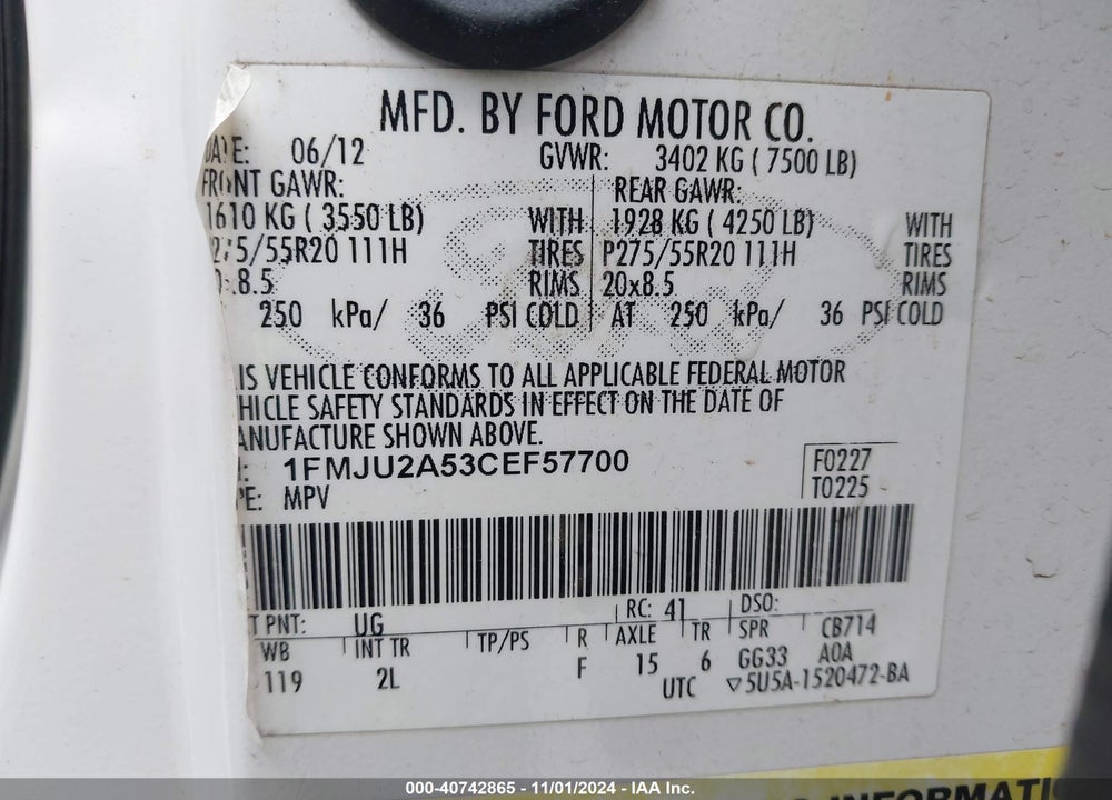 2012 FORD EXPEDITION LIMITED VIN: 1FMJU2A53CEF57700