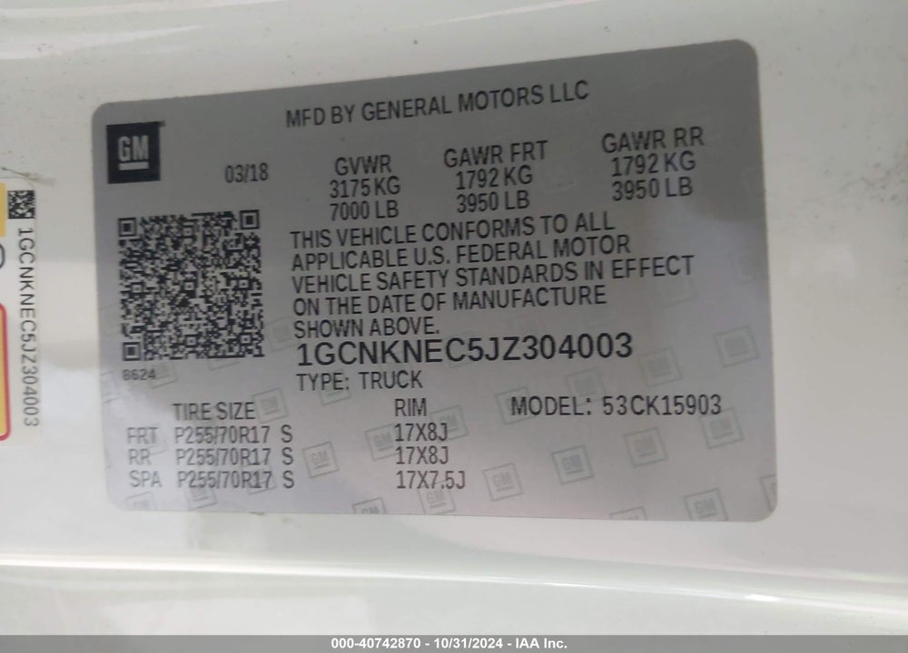 2018 CHEVROLET SILVERADO 1500 WT VIN: 1GCNKNEC5JZ304003