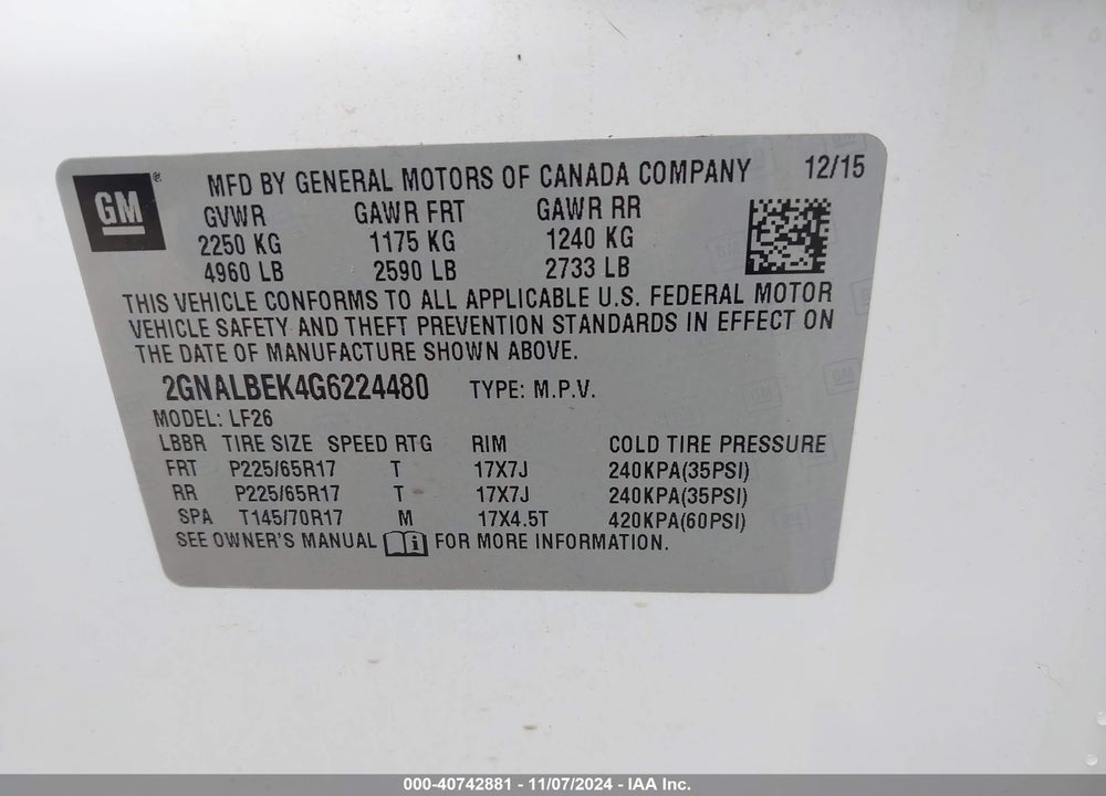 2016 CHEVROLET EQUINOX LS VIN: 2GNALBEK4G6224480