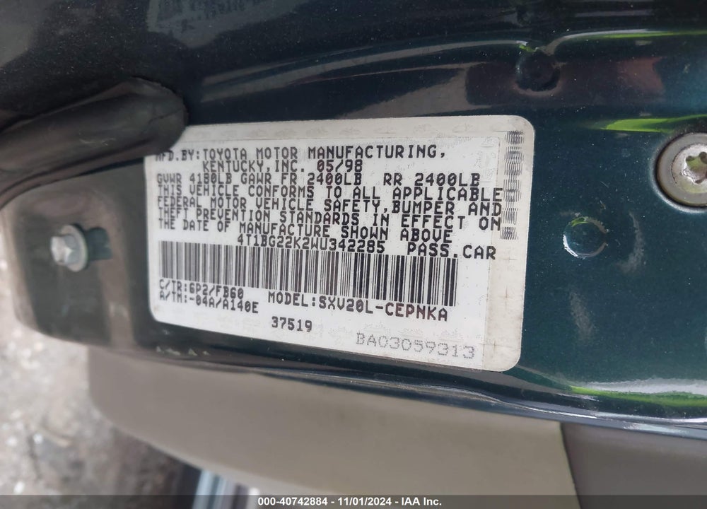 1998 TOYOTA CAMRY LE VIN: 4T1BG22K2WU342285