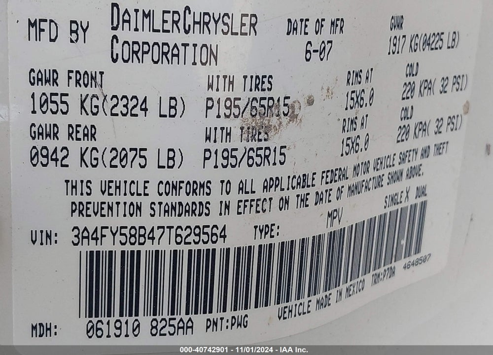 2007 CHRYSLER PT CRUISER TOURING VIN: 3A4FY58B47T629564