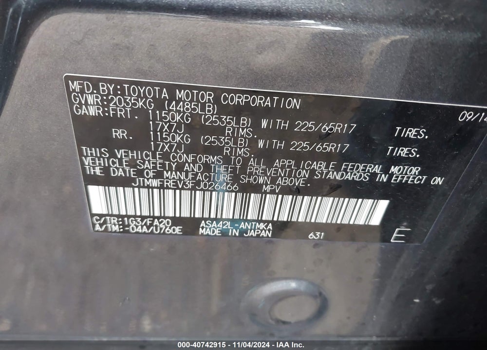 2015 TOYOTA RAV4 XLE VIN: JTMWFREV3FJ026466