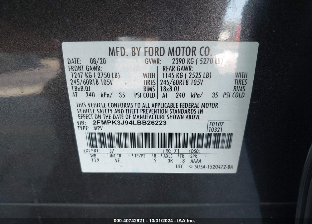 2020 FORD EDGE SEL VIN: 2FMPK3J94LBB26223