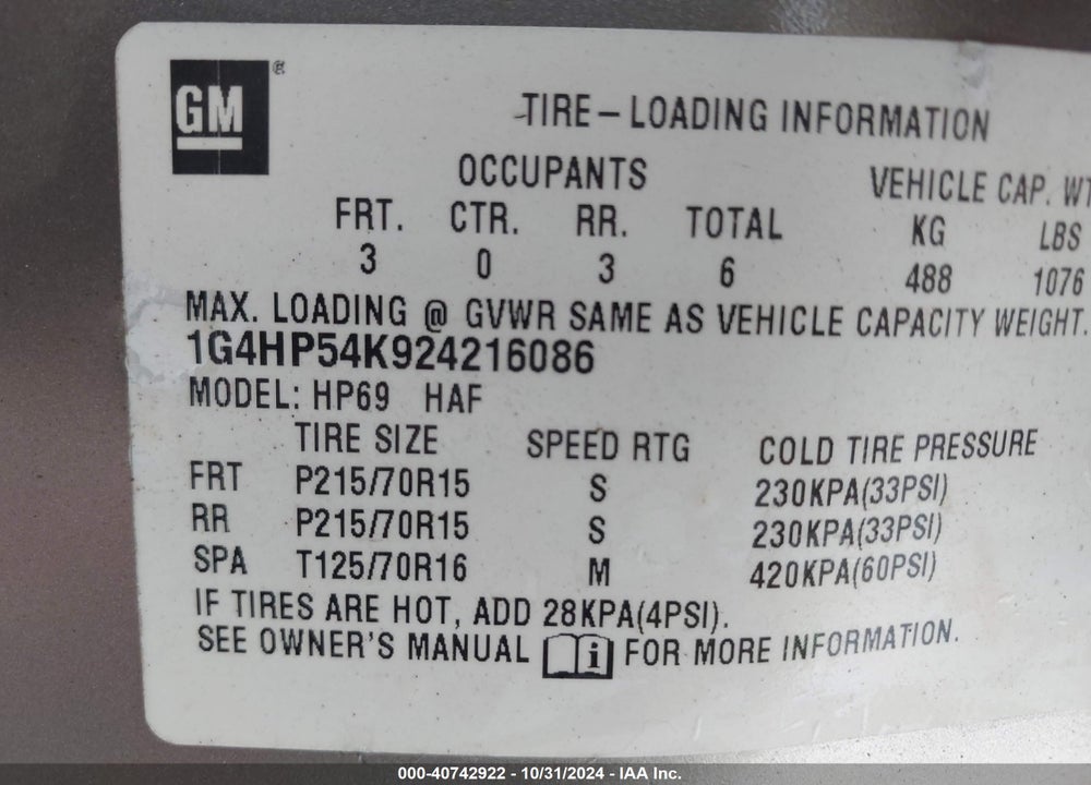 2002 BUICK LESABRE CUSTOM VIN: 1G4HP54K924216086