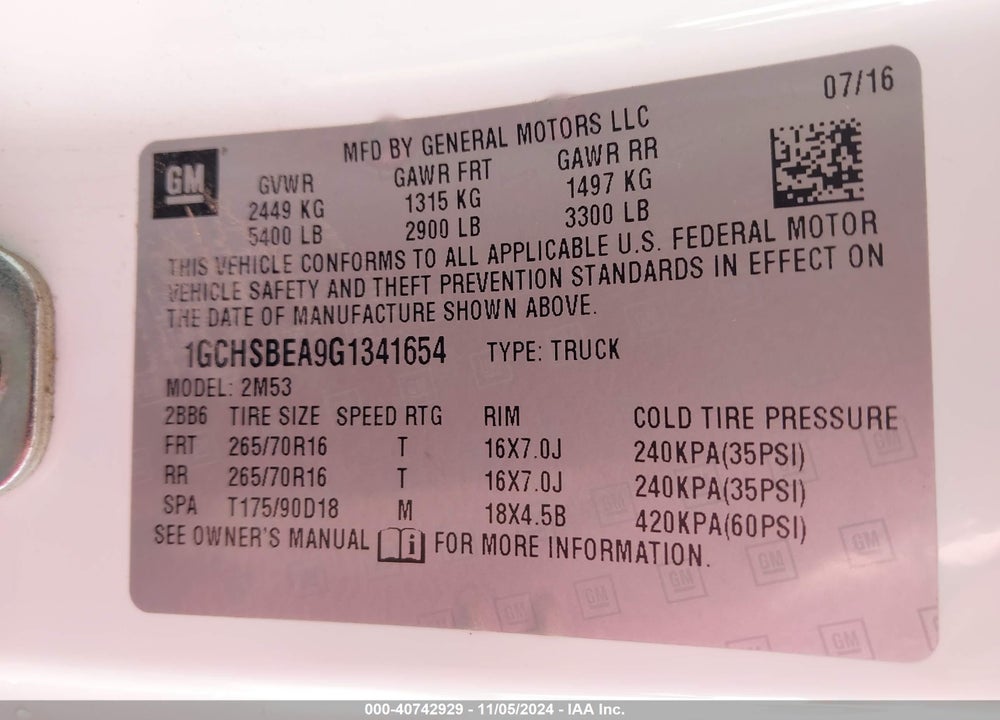 2016 CHEVROLET COLORADO WT VIN: 1GCHSBEA9G1341654