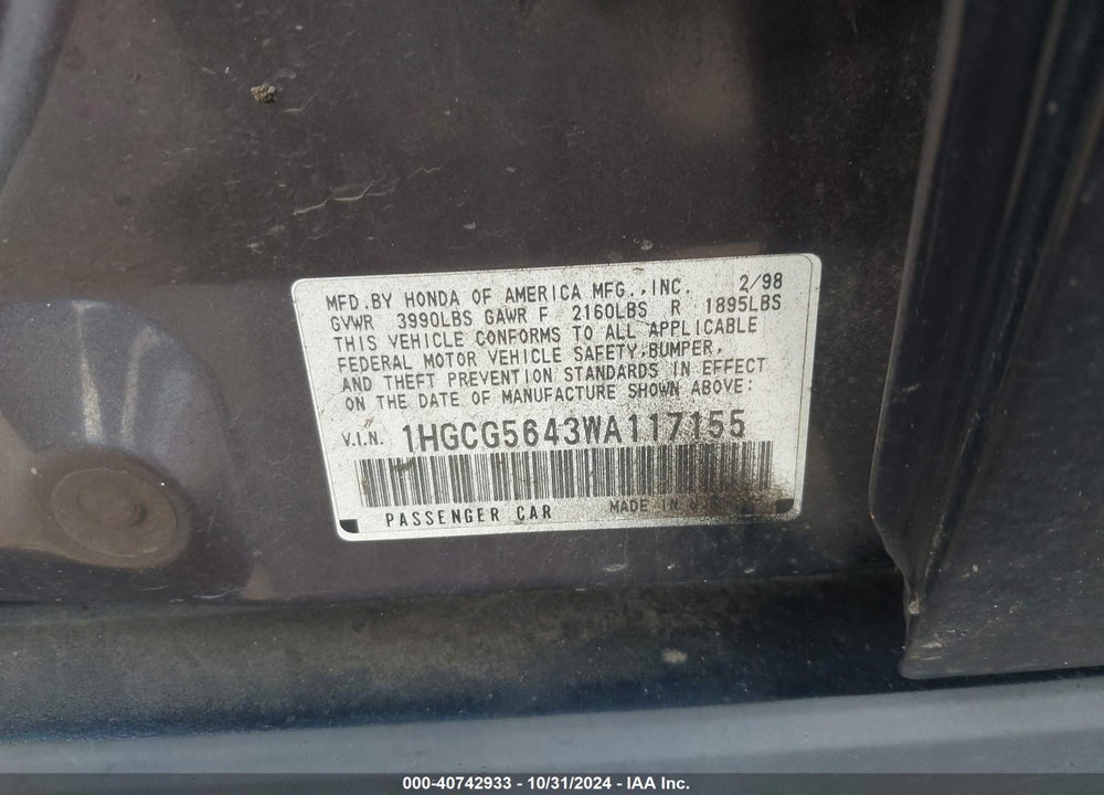 1998 HONDA ACCORD LX VIN: 1HGCG5643WA117155