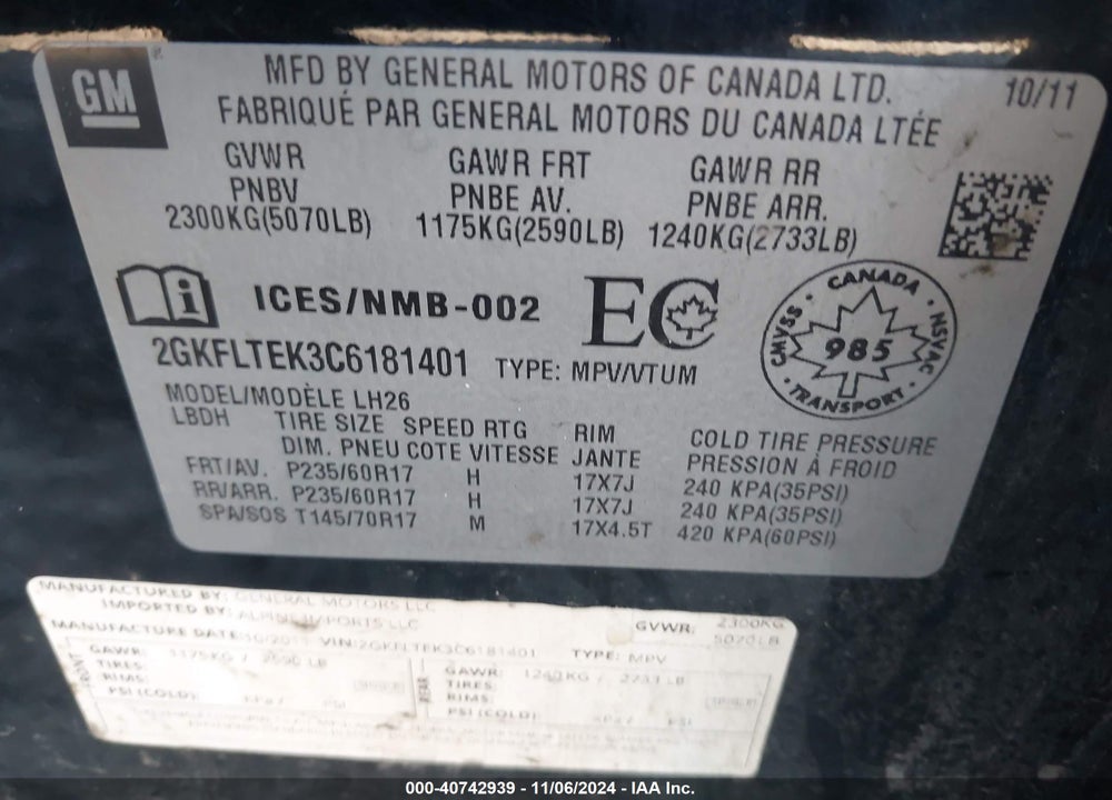 2012 GMC TERRAIN SLE-2 VIN: 2GKFLTEK3C6181401