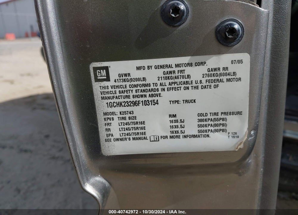 2006 CHEVROLET SILVERADO 2500HD LT1 VIN: 1GCHK23296F103154