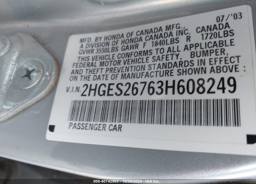 2003 HONDA CIVIC EX VIN: 2HGES26763H608249