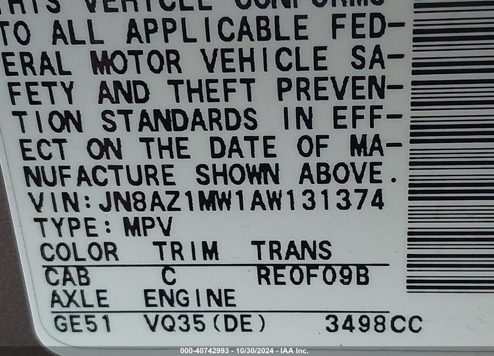 2010 NISSAN MURANO SL VIN: JN8AZ1MW1AW131374