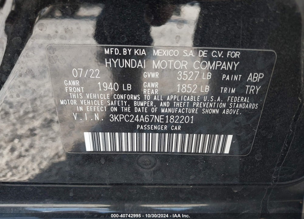 2022 HYUNDAI ACCENT SE VIN: 3KPC24A67NE182201