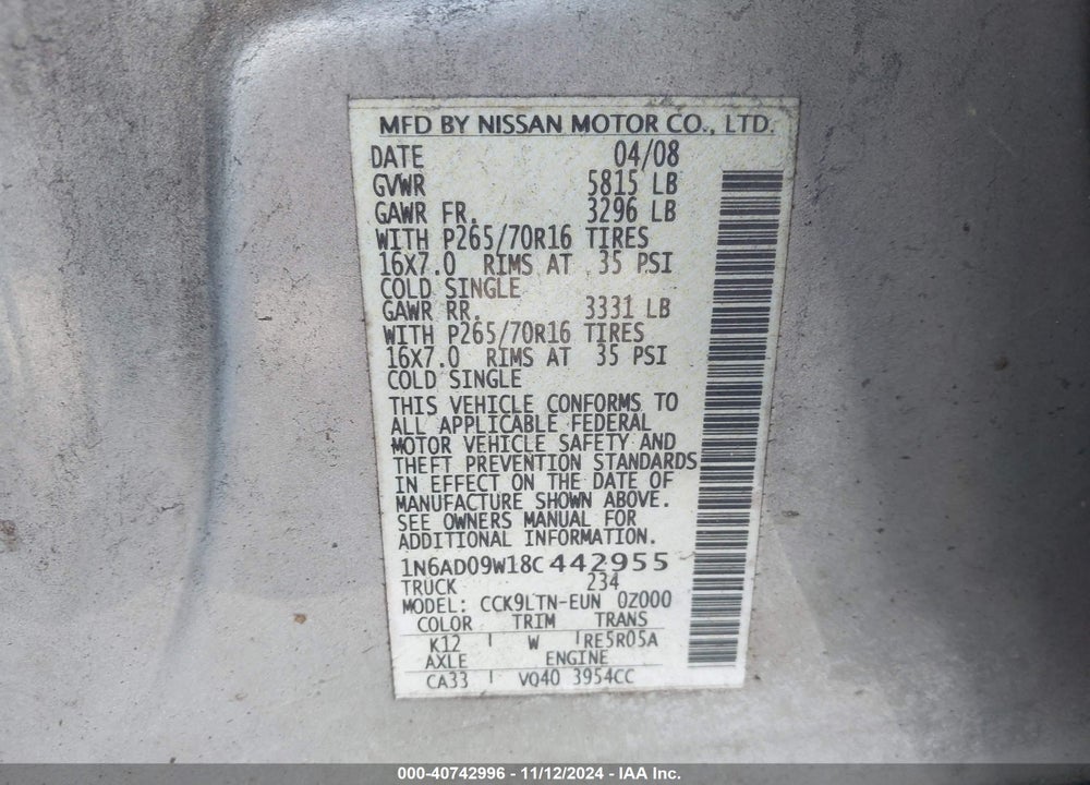 2008 NISSAN FRONTIER SE VIN: 1N6AD09W18C442955