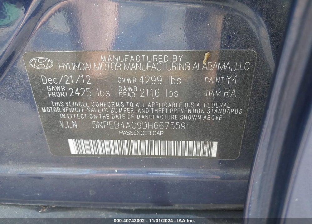 2013 HYUNDAI SONATA GLS VIN: 5NPEB4AC9DH667559