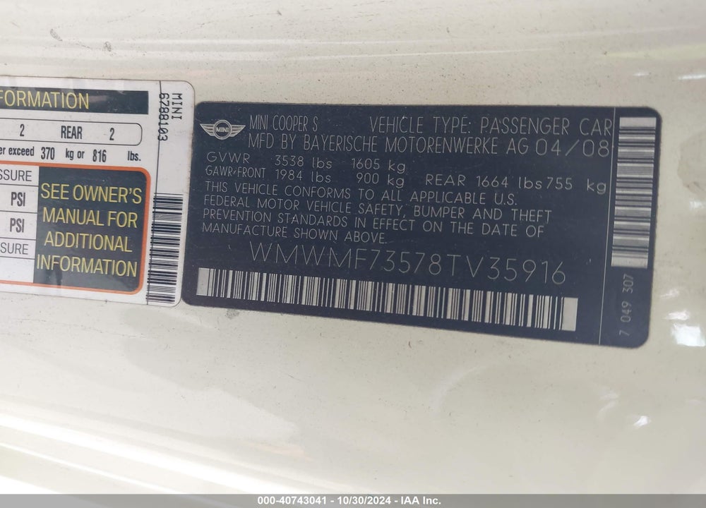 2008 MINI COOPER S VIN: WMWMF73578TV35916