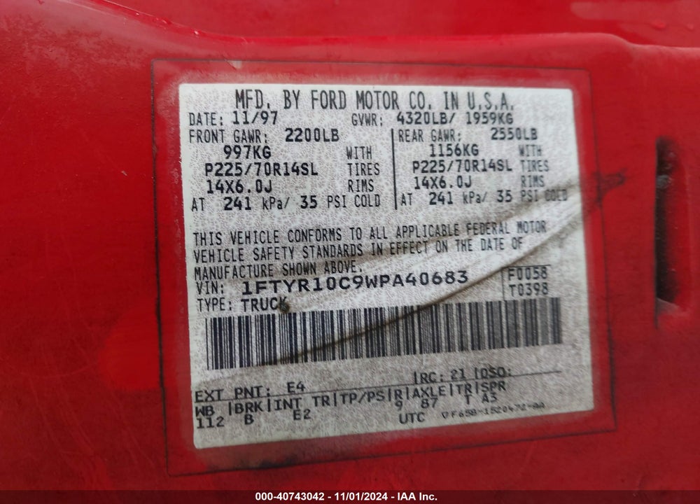1998 FORD RANGER SPLASH/XL/XLT VIN: 1FTYR10C9WPA40683