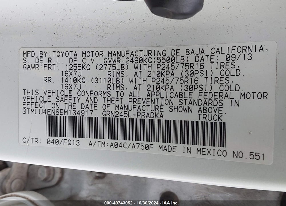 2014 TOYOTA TACOMA BASE V6 VIN: 3TMLU4EN6EM134917