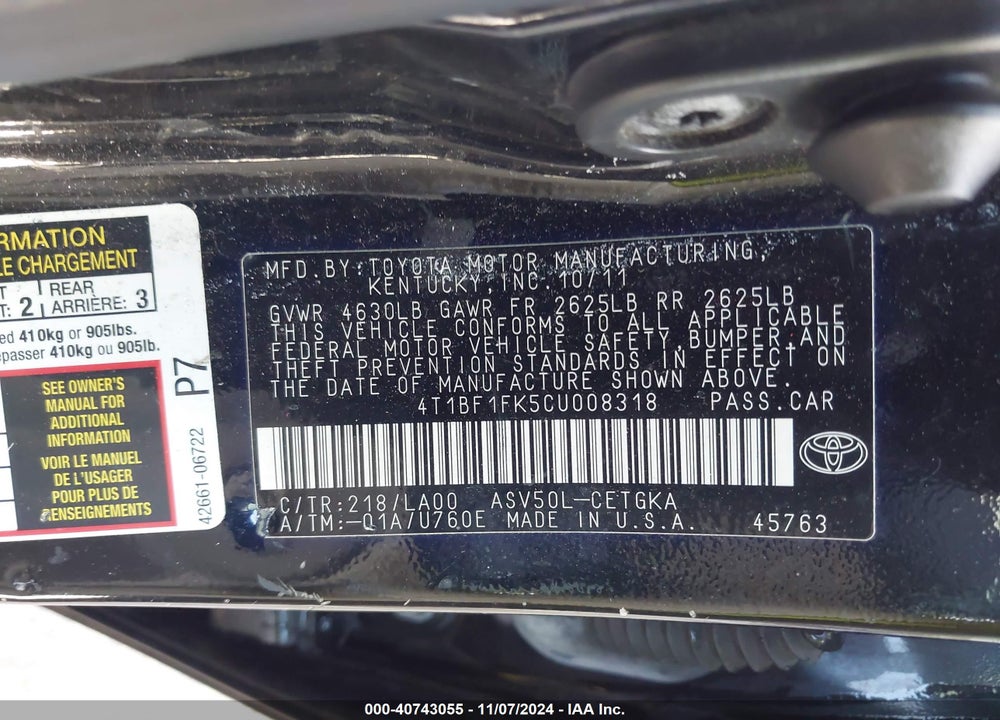 2012 TOYOTA CAMRY XLE VIN: 4T1BF1FK5CU008318