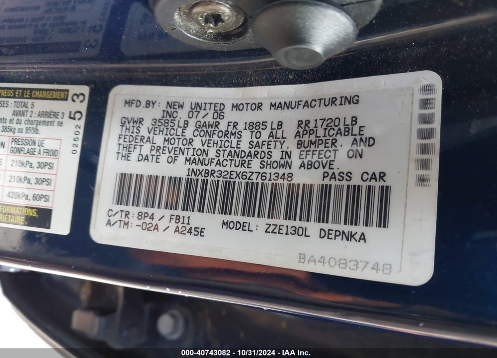 2006 TOYOTA COROLLA LE VIN: 1NXBR32EX6Z761348