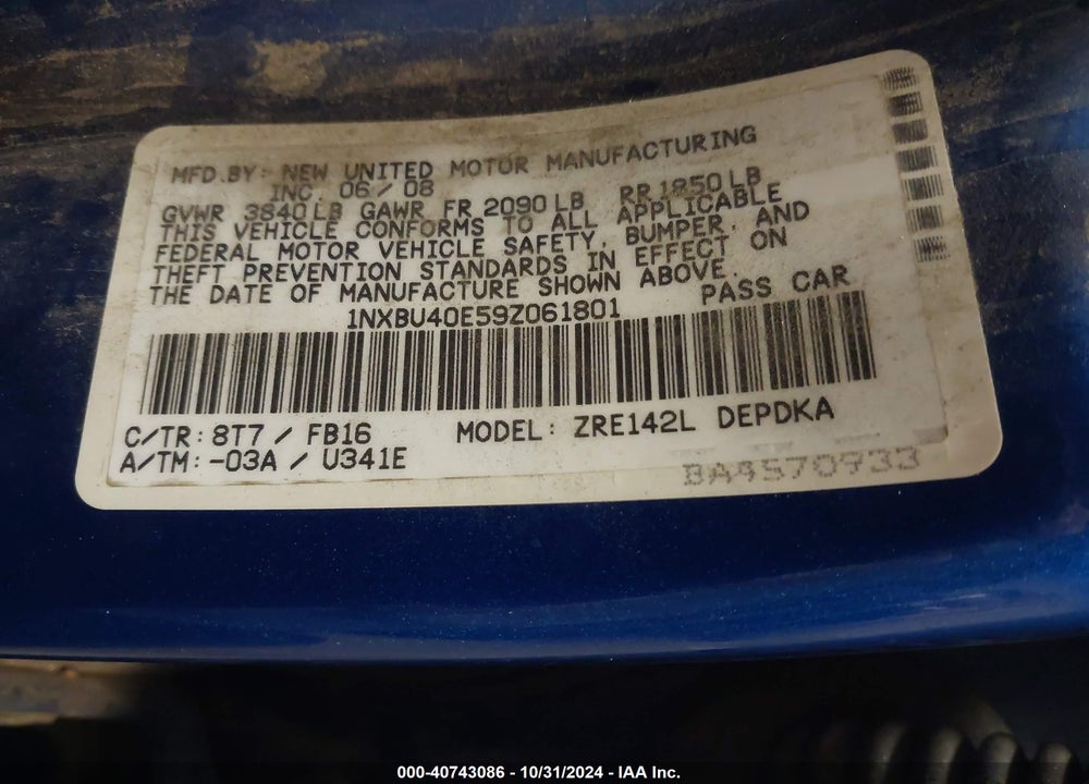 2009 TOYOTA COROLLA LE VIN: 1NXBU40E59Z061801