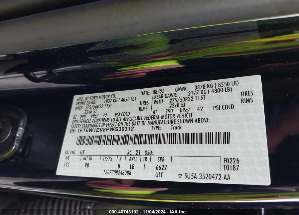 2023 FORD F-150 LIGHTNING PLATINUM VIN: 1FT6W1EV8PWG30312