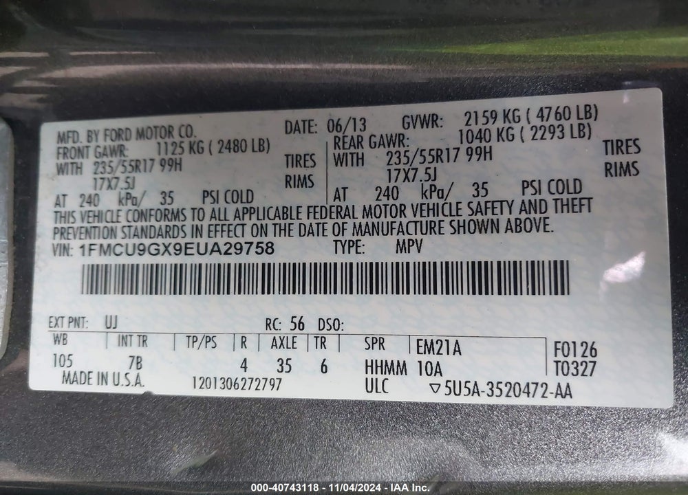 2014 FORD ESCAPE SE VIN: 1FMCU9GX9EUA29758