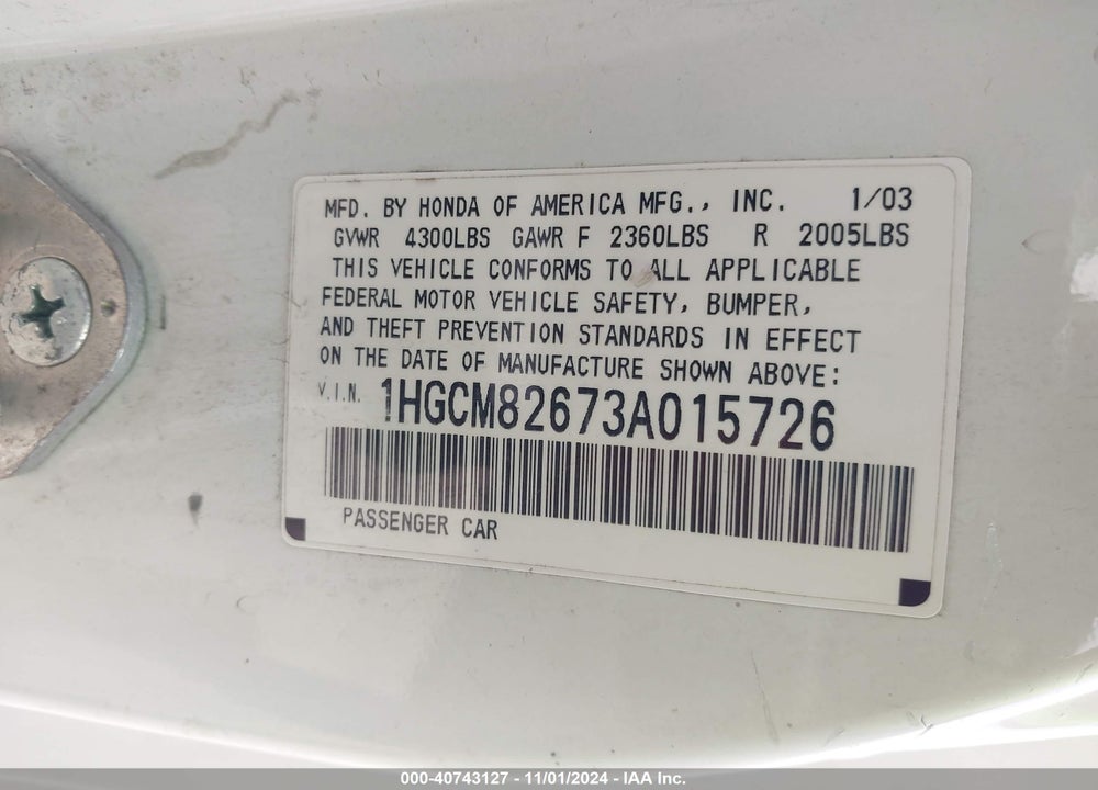 2003 HONDA ACCORD 3.0 EX VIN: 1HGCM82673A015726