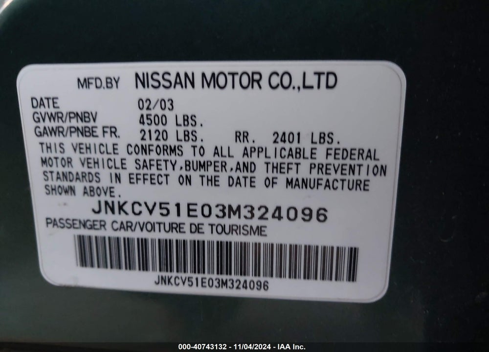 2003 INFINITI G35 LUXURY LEATHER VIN: JNKCV51E03M324096